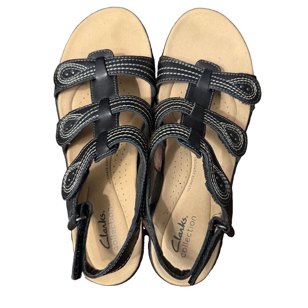 Clark’s LaurieAnn Vine SZ 8M Black Sandals Leather Shoes Women’s Adjustable NEW